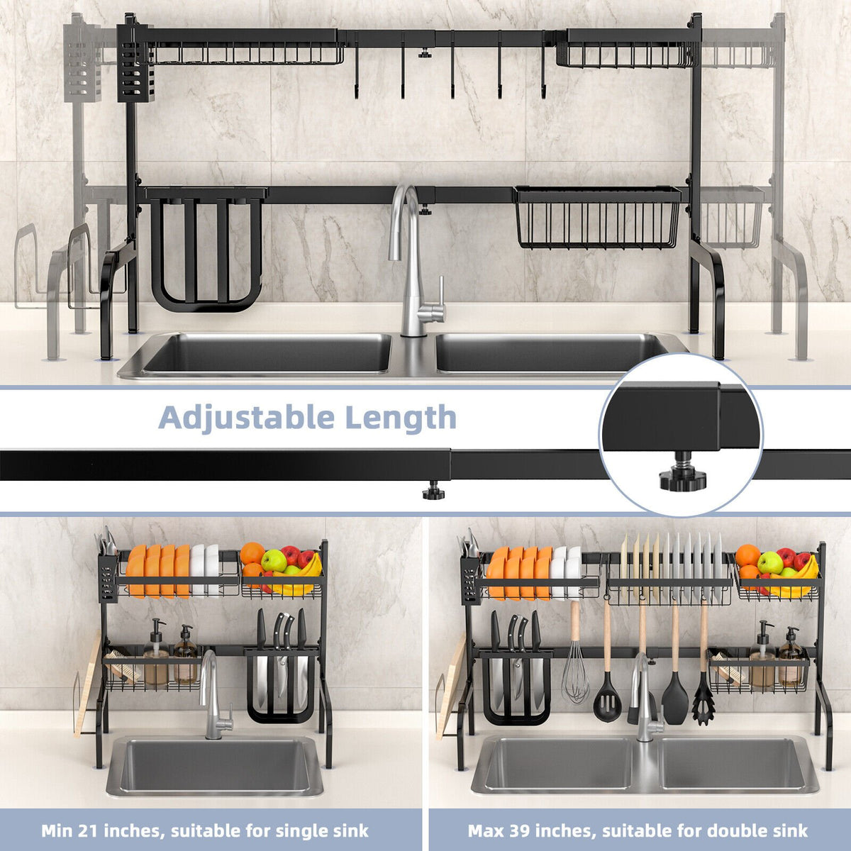 2 Tier Adjustable Over Sink Dish Drying Rack with 8 Hooks view 8