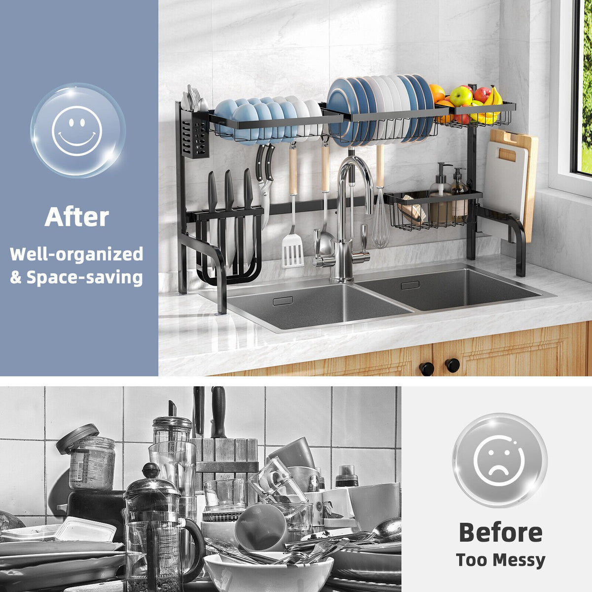 2 Tier Adjustable Over Sink Dish Drying Rack with 8 Hooks view 9