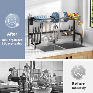 2 Tier Adjustable Over Sink Dish Drying Rack with 8 Hooks view 9