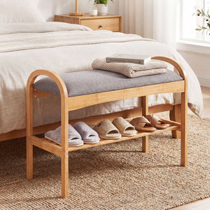 2-Tier Bamboo Shoe Bench with Padded Cushion and Shelf-Gray view 2