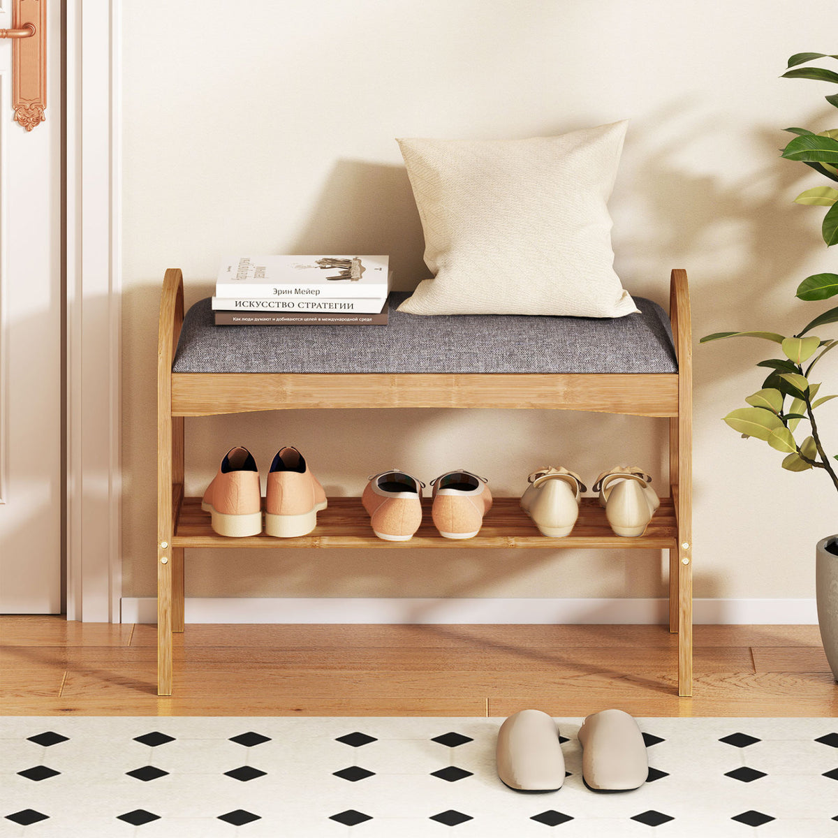 2-Tier Bamboo Shoe Bench with Padded Cushion and Shelf-Gray view 3