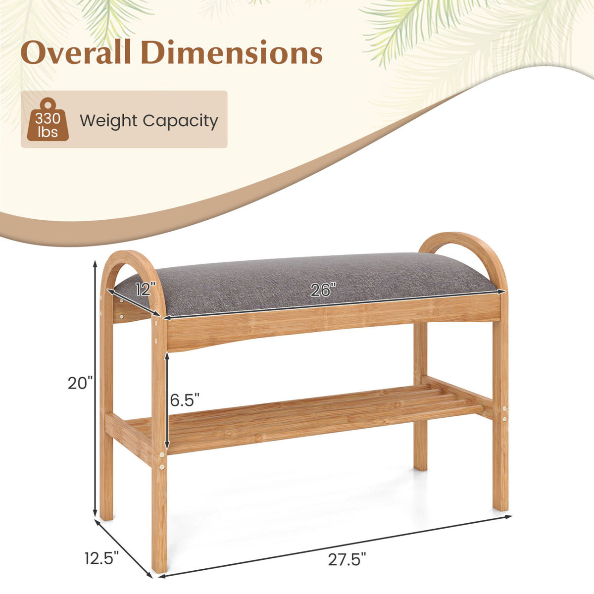2-Tier Bamboo Shoe Bench with Padded Cushion and Shelf-Gray view 5