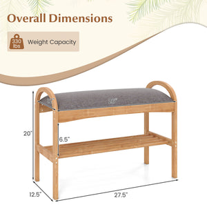 2-Tier Bamboo Shoe Bench with Padded Cushion and Shelf-Gray view 5