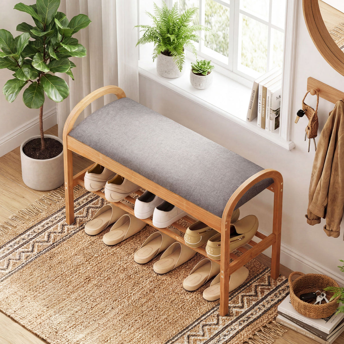 2-Tier Bamboo Shoe Bench with Padded Cushion and Shelf-Gray view 6