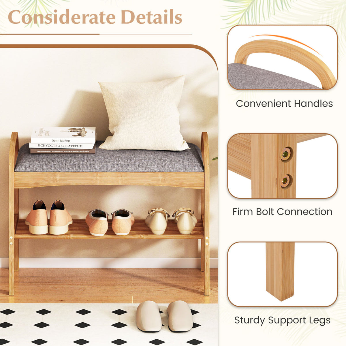 2-Tier Bamboo Shoe Bench with Padded Cushion and Shelf-Gray view 7