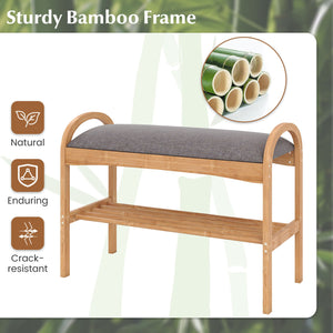 2-Tier Bamboo Shoe Bench with Padded Cushion and Shelf-Gray view 8