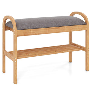 2-Tier Bamboo Shoe Bench with Storage and Padded Cushion-Gray