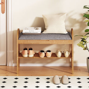 2-Tier Bamboo Shoe Bench with Storage and Padded Cushion-Gray view 2