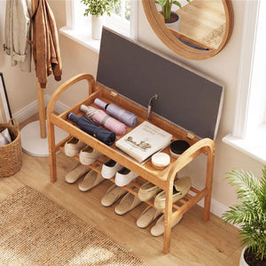 2-Tier Bamboo Shoe Bench with Storage and Padded Cushion-Gray view 3