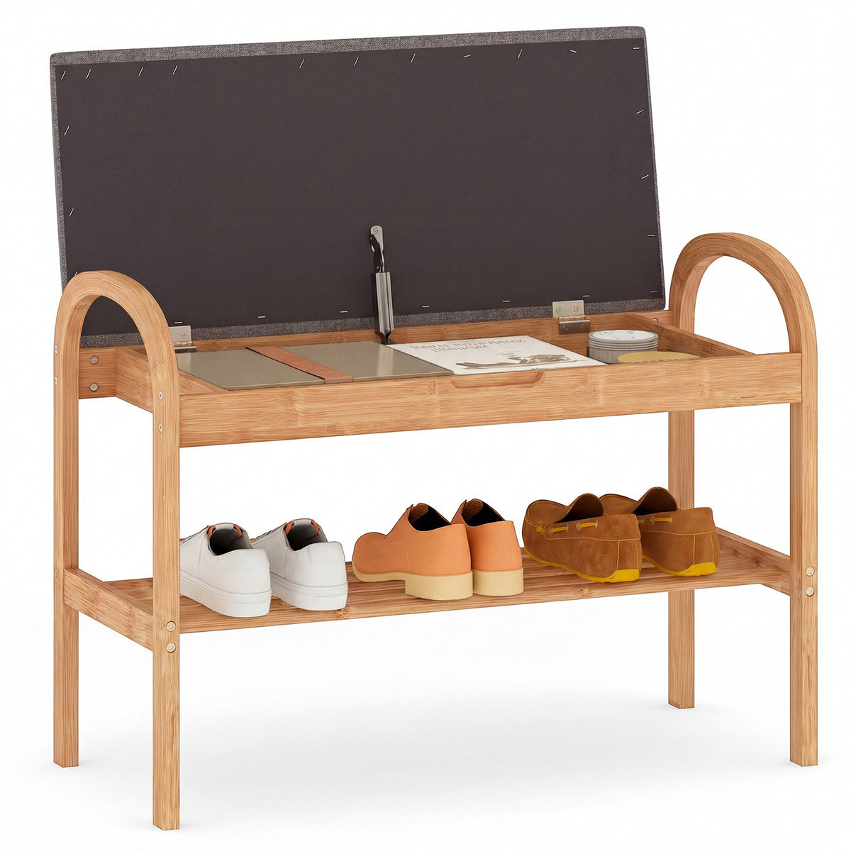 2-Tier Bamboo Shoe Bench with Storage and Padded Cushion-Gray view 4