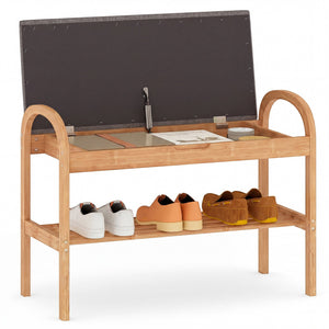 2-Tier Bamboo Shoe Bench with Storage and Padded Cushion-Gray view 4