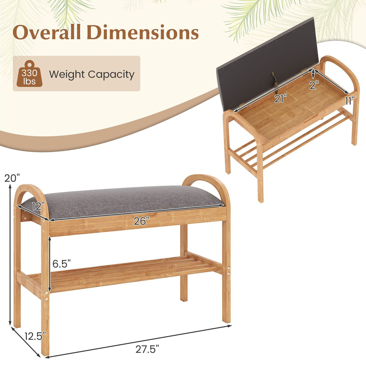 2-Tier Bamboo Shoe Bench with Storage and Padded Cushion-Gray view 5