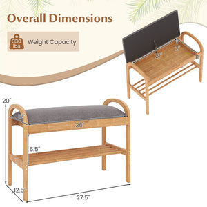 2-Tier Bamboo Shoe Bench with Storage and Padded Cushion-Gray view 5