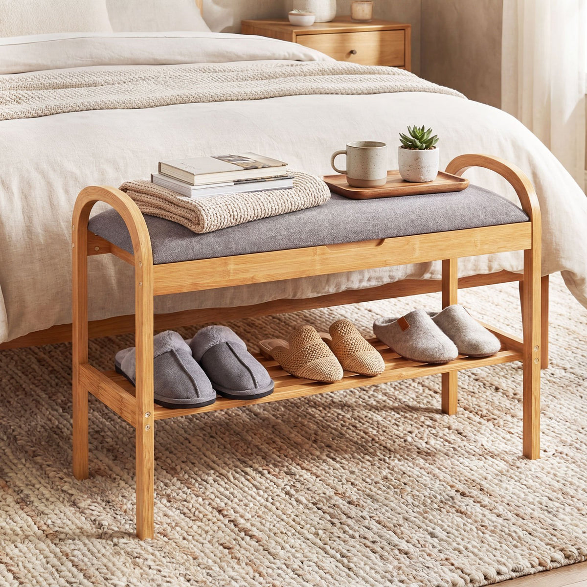 2-Tier Bamboo Shoe Bench with Storage and Padded Cushion-Gray view 6