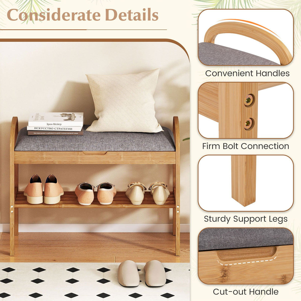 2-Tier Bamboo Shoe Bench with Storage and Padded Cushion-Gray view 7