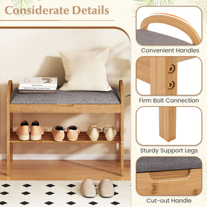 2-Tier Bamboo Shoe Bench with Storage and Padded Cushion-Gray view 7