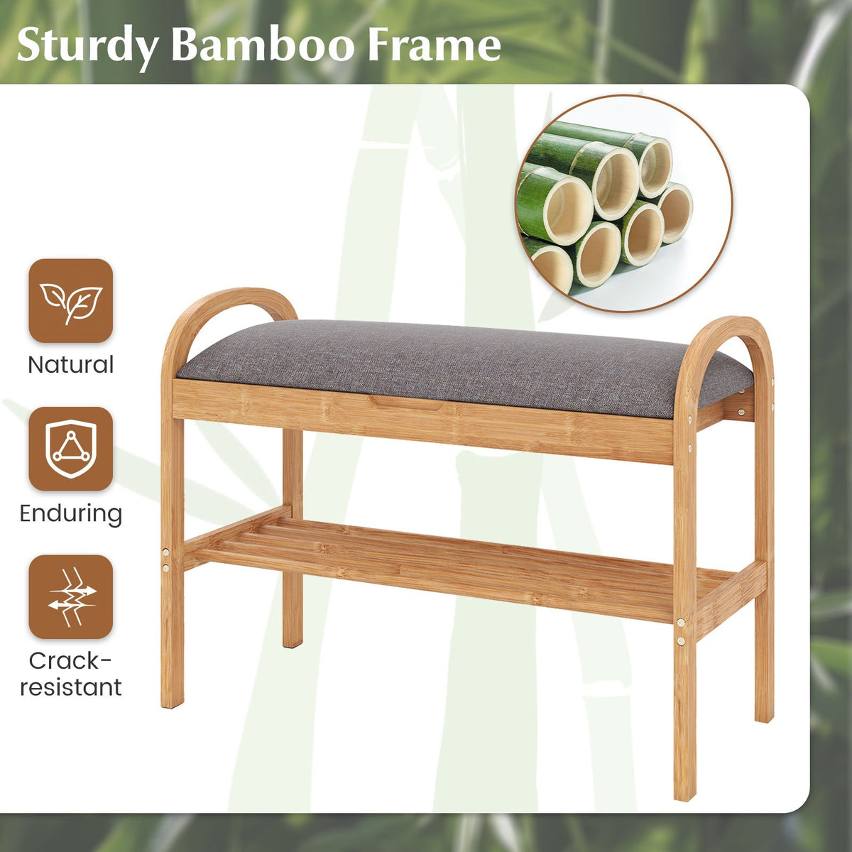 2-Tier Bamboo Shoe Bench with Storage and Padded Cushion-Gray view 8