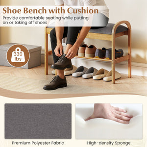2-Tier Bamboo Shoe Bench with Storage and Padded Cushion-Gray view 9