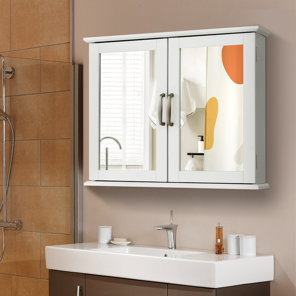 2-Tier Bathroom Wall-Mounted Mirror Storage Cabinet with Handles-White view 2