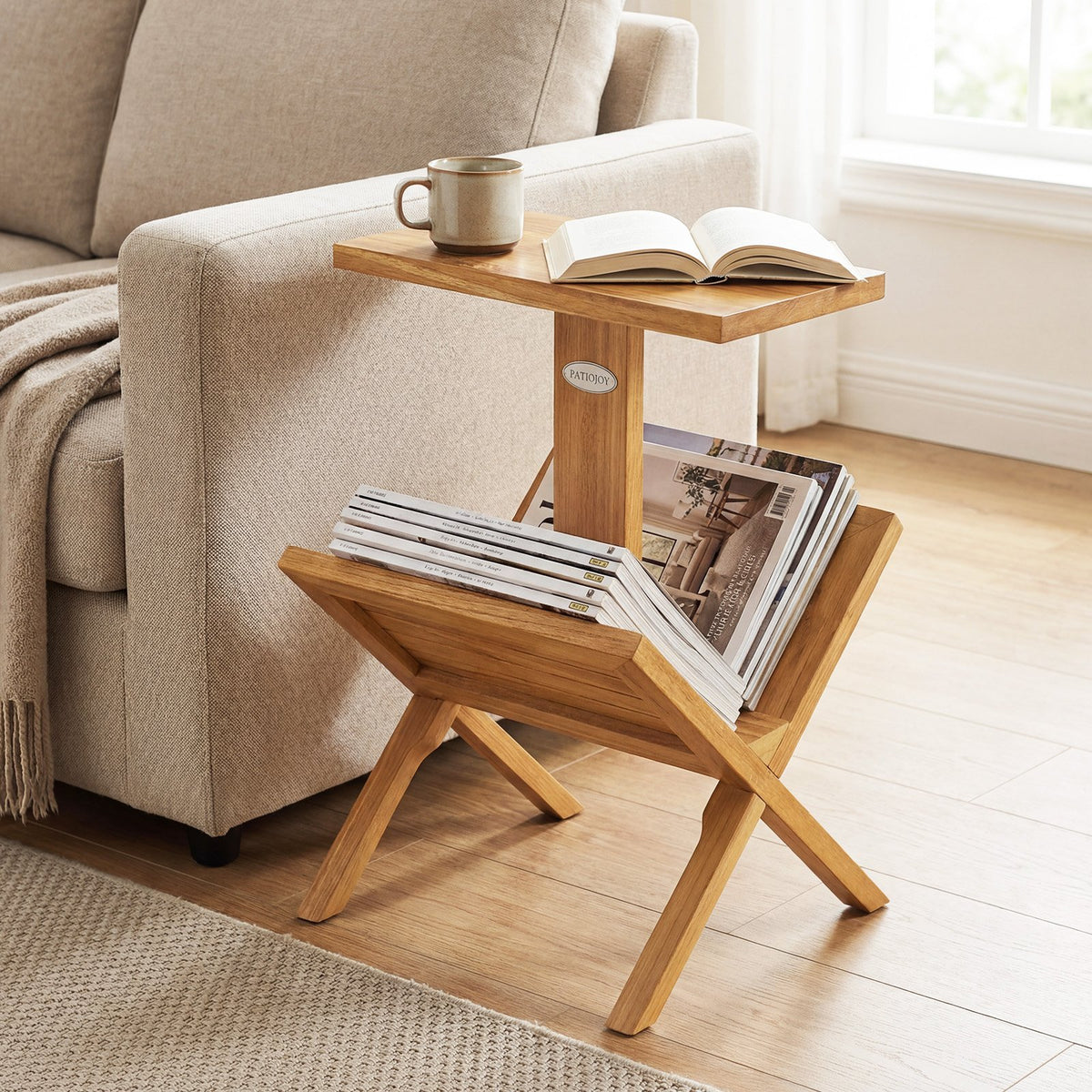 2-Tier Side Table Magazine Rack with Teak Wood Frame view 2
