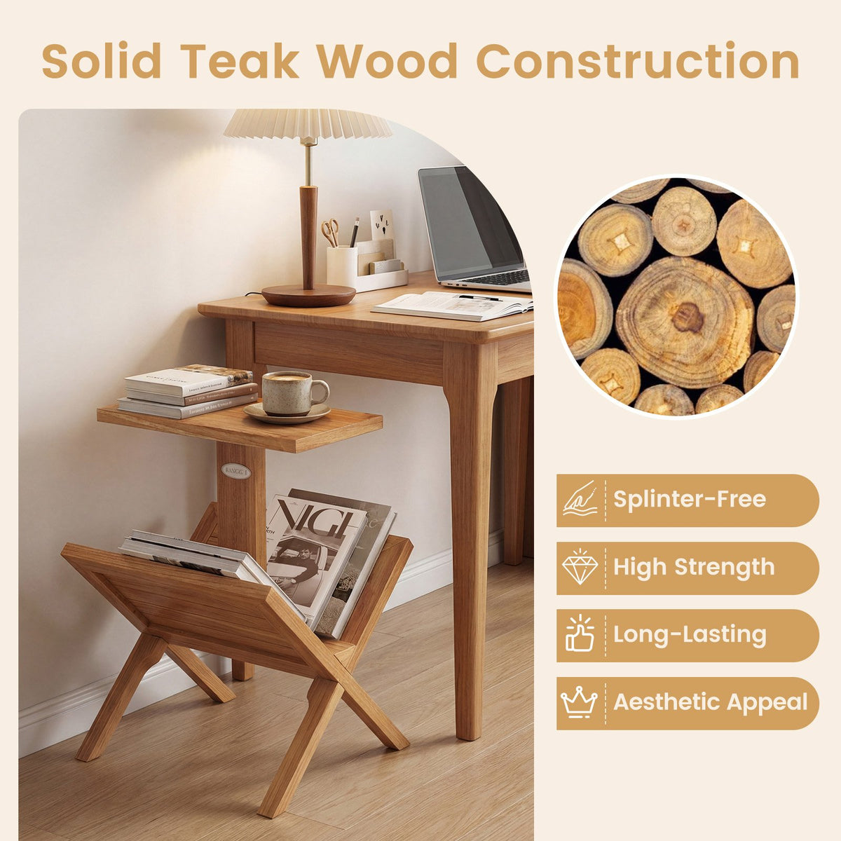 2-Tier Side Table Magazine Rack with Teak Wood Frame view 8