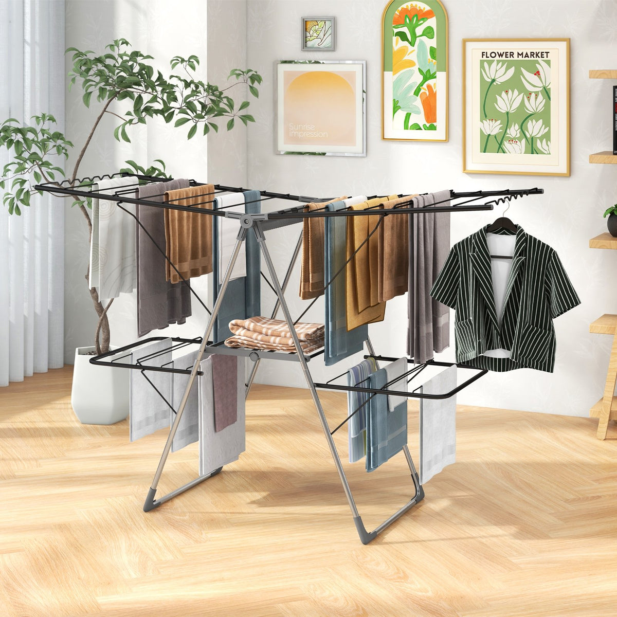 2-Tier Clothes Drying Rack with 33 Drying Rails and Height Adjustable Gullwings view 3