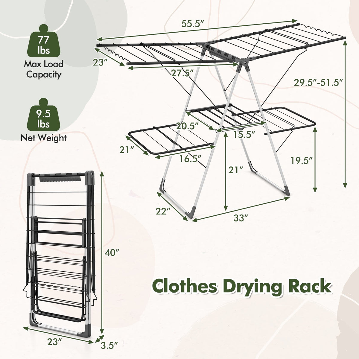 2-Tier Clothes Drying Rack with 33 Drying Rails and Height Adjustable Gullwings view 5