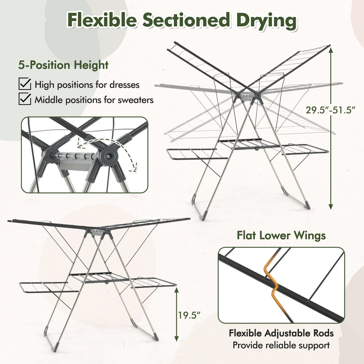2-Tier Clothes Drying Rack with 33 Drying Rails and Height Adjustable Gullwings view 6