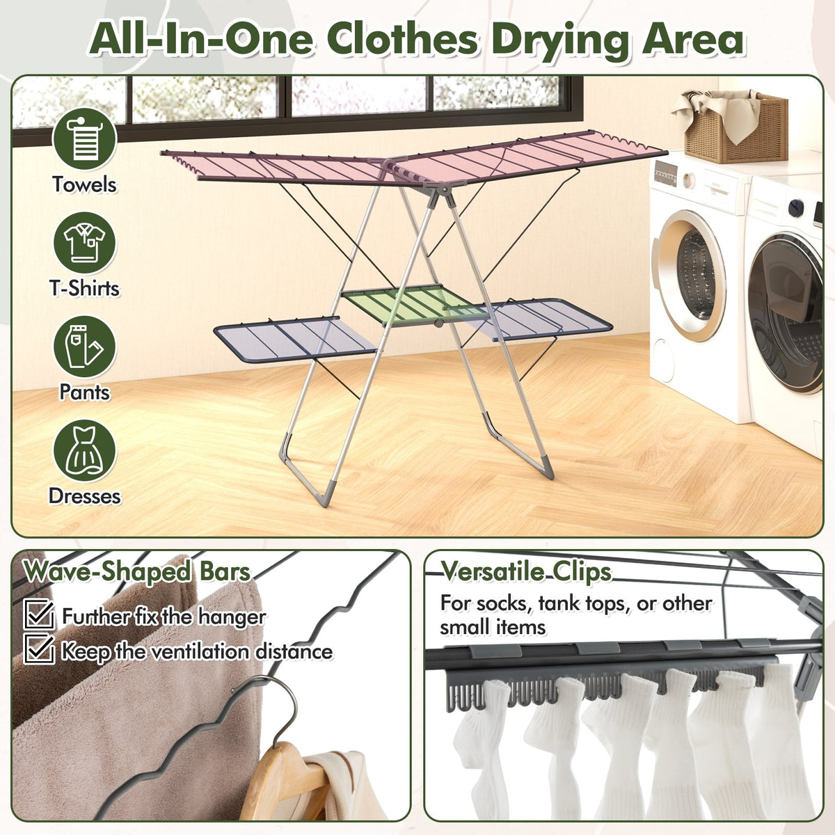 2-Tier Clothes Drying Rack with 33 Drying Rails and Height Adjustable Gullwings view 8