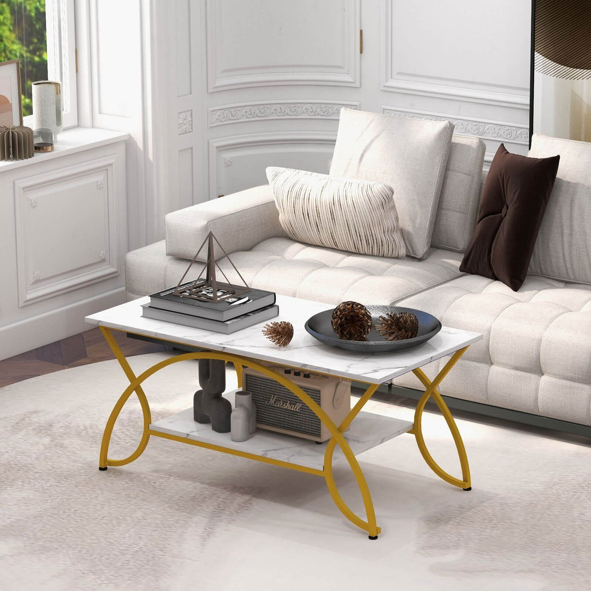 2-Tier Coffee Table Gold Rectangle for Living Room-Golden view 2