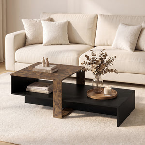 2-Tier Coffee Table Modern Irregular Center Table with Open Storage Shelf-Black & Brown view 2