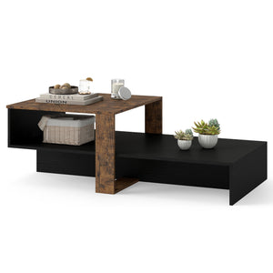 2-Tier Coffee Table Modern Irregular Center Table with Open Storage Shelf-Black & Brown view 4