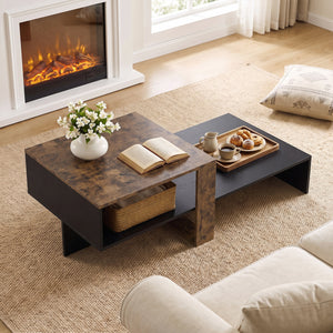 2-Tier Coffee Table Modern Irregular Center Table with Open Storage Shelf-Black & Brown view 6