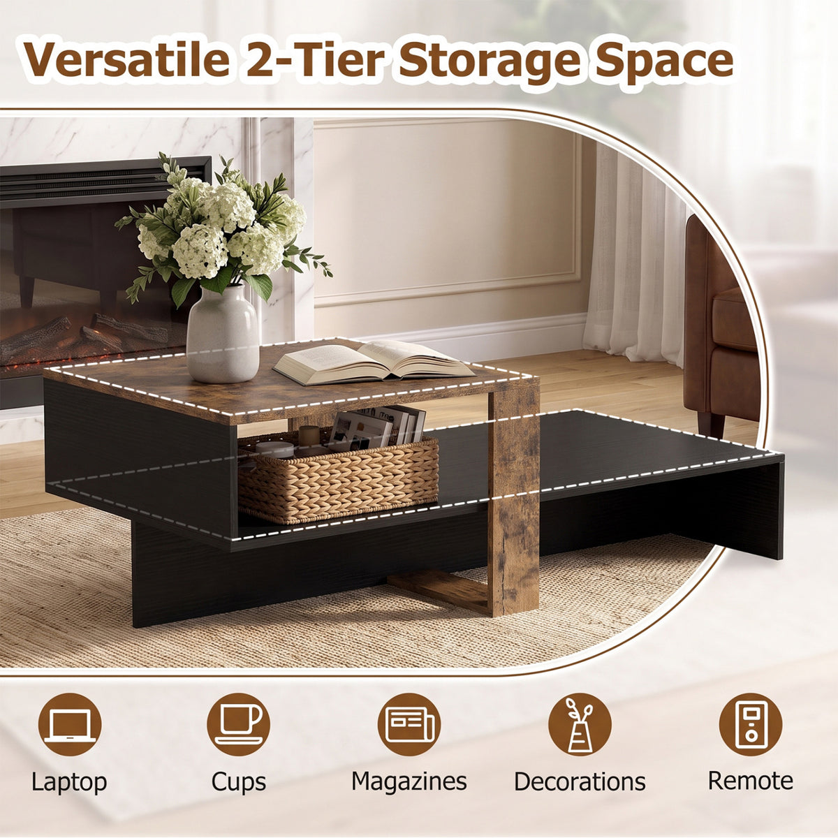 2-Tier Coffee Table Modern Irregular Center Table with Open Storage Shelf-Black & Brown view 7