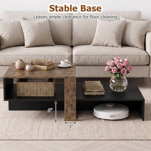 2-Tier Coffee Table Modern Irregular Center Table with Open Storage Shelf-Black & Brown view 8