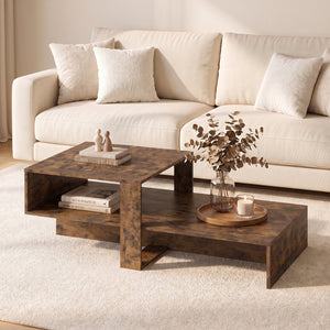 2-Tier Coffee Table Modern Irregular Center Table with Open Storage Shelf-Brown view 2