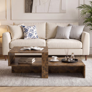 2-Tier Coffee Table Modern Irregular Center Table with Open Storage Shelf-Brown view 3