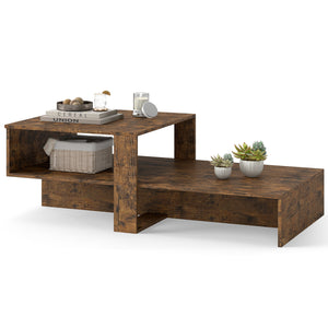 2-Tier Coffee Table Modern Irregular Center Table with Open Storage Shelf-Brown view 4