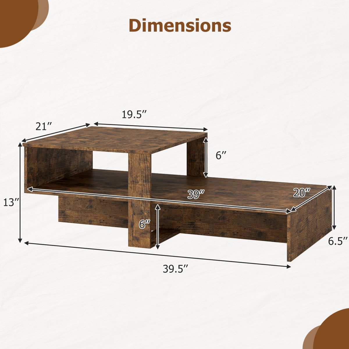 2-Tier Coffee Table Modern Irregular Center Table with Open Storage Shelf-Brown view 5