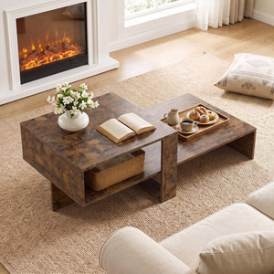 2-Tier Coffee Table Modern Irregular Center Table with Open Storage Shelf-Brown view 6