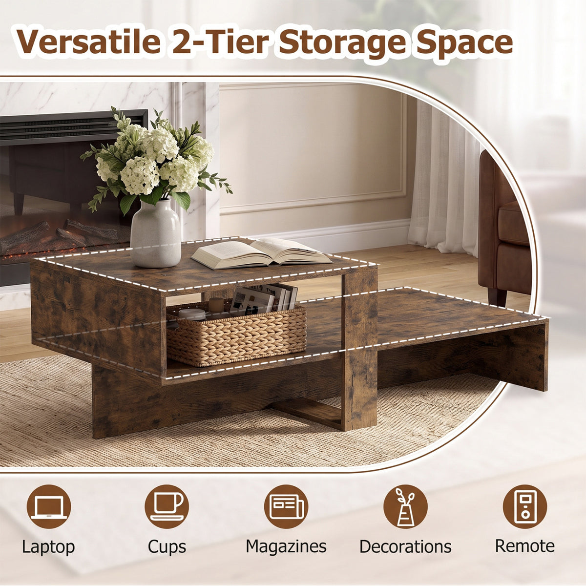 2-Tier Coffee Table Modern Irregular Center Table with Open Storage Shelf-Brown view 7