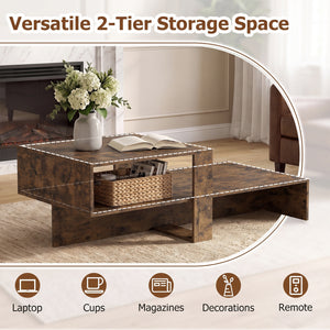 2-Tier Coffee Table Modern Irregular Center Table with Open Storage Shelf-Brown view 7