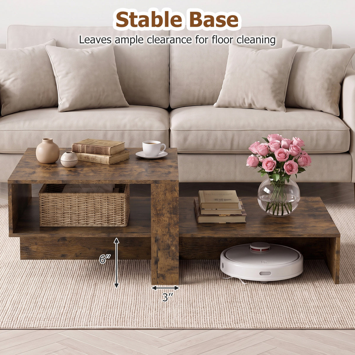 2-Tier Coffee Table Modern Irregular Center Table with Open Storage Shelf-Brown view 8