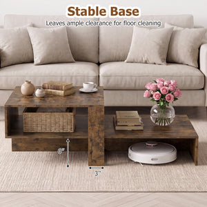 2-Tier Coffee Table Modern Irregular Center Table with Open Storage Shelf-Brown view 8