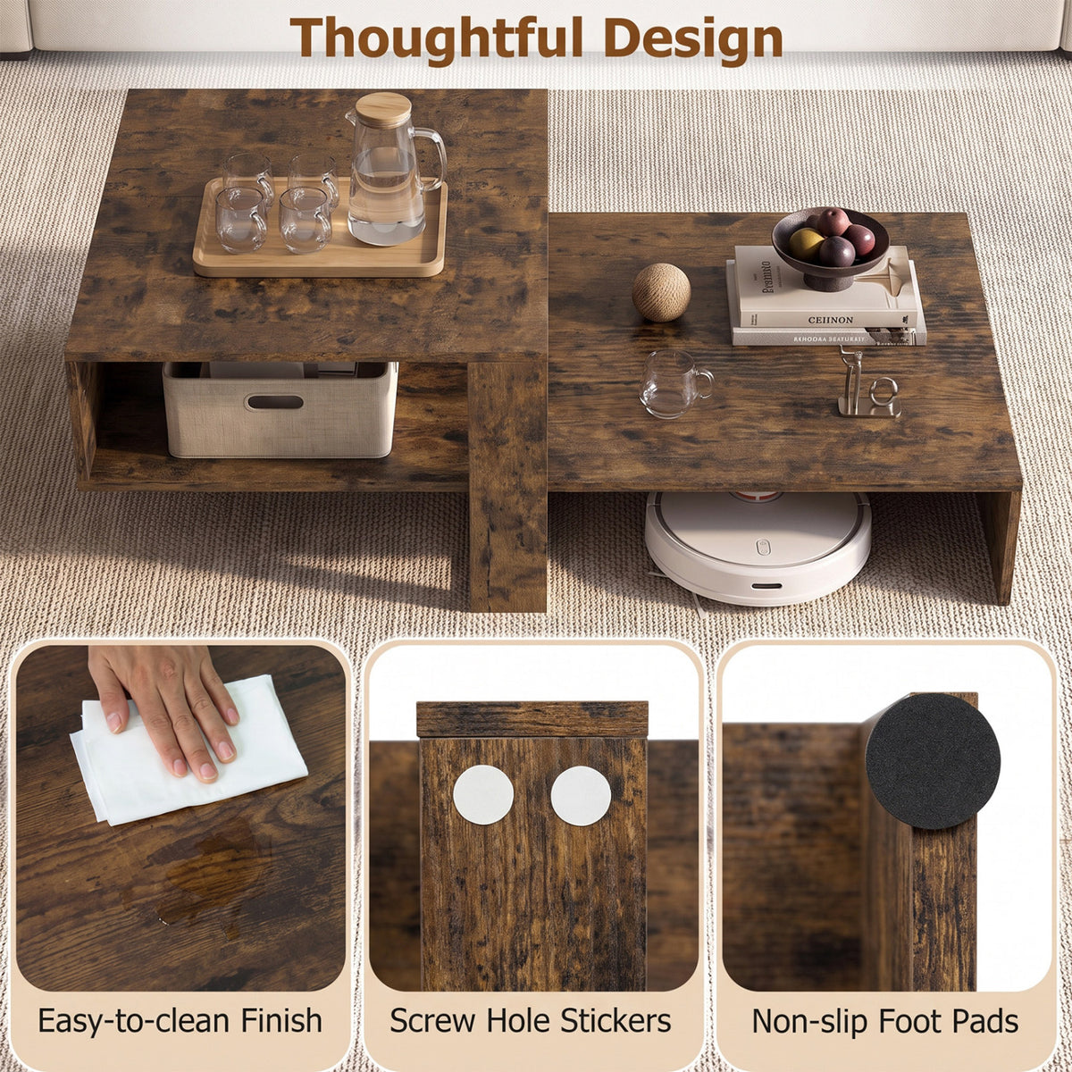 2-Tier Coffee Table Modern Irregular Center Table with Open Storage Shelf-Brown view 9