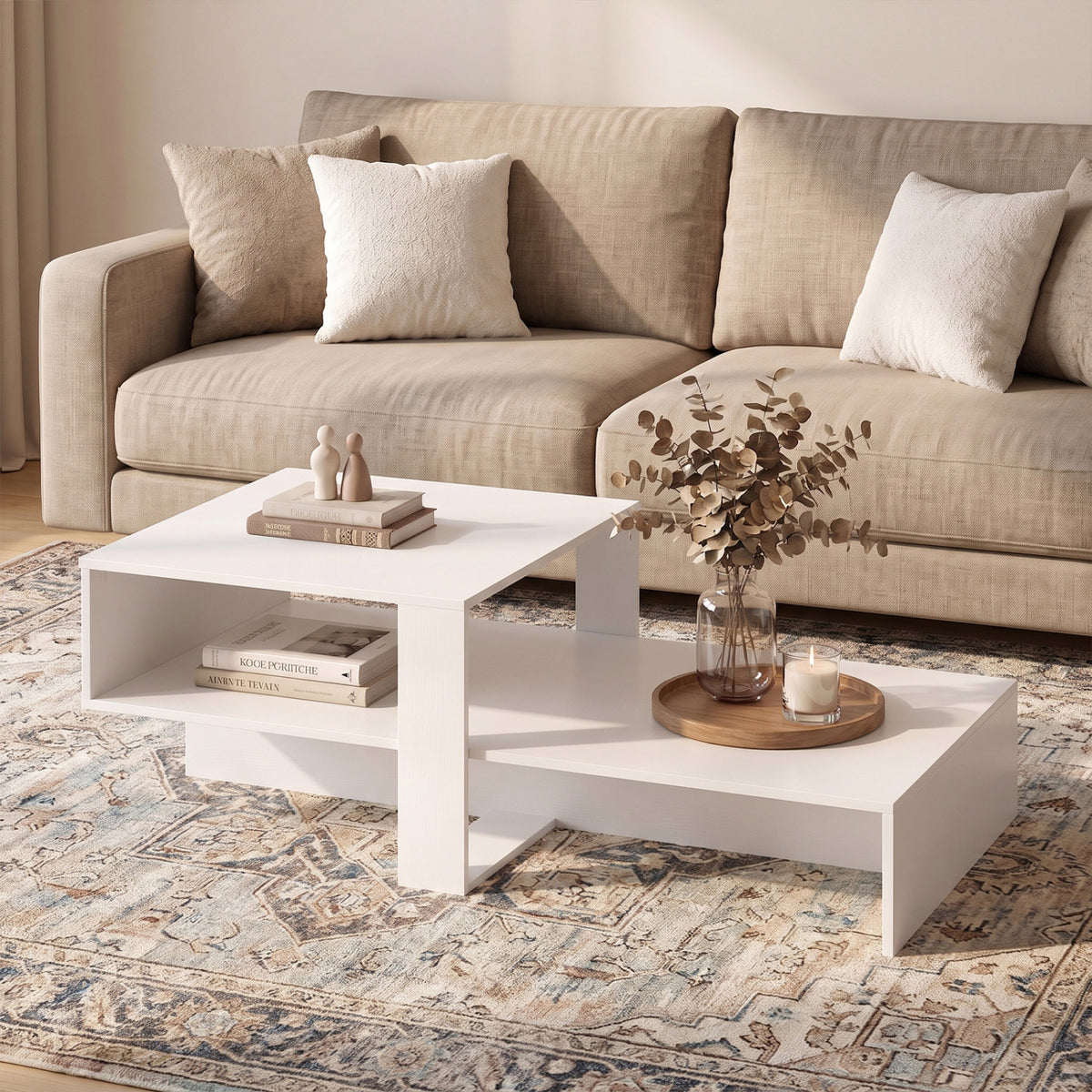 2-Tier Coffee Table Modern Irregular Center Table with Open Storage Shelf-White view 2