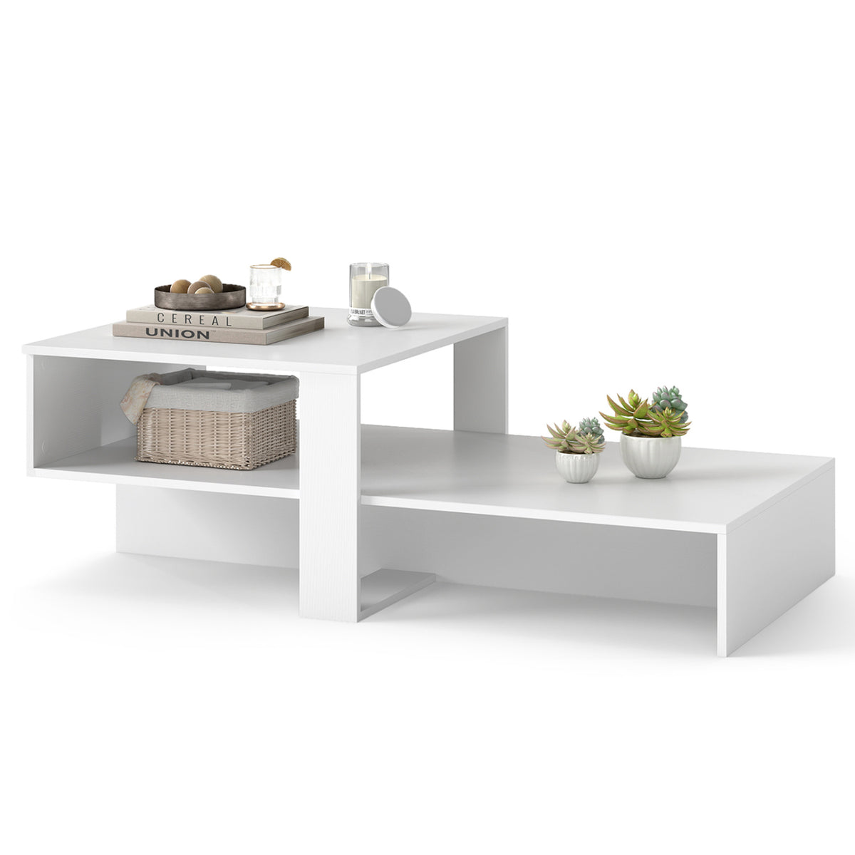 2-Tier Coffee Table Modern Irregular Center Table with Open Storage Shelf-White view 4