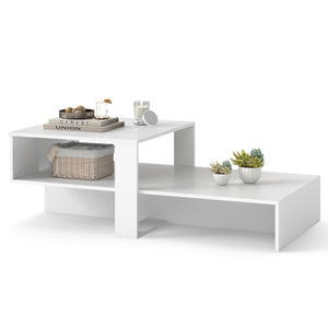 2-Tier Coffee Table Modern Irregular Center Table with Open Storage Shelf-White view 4