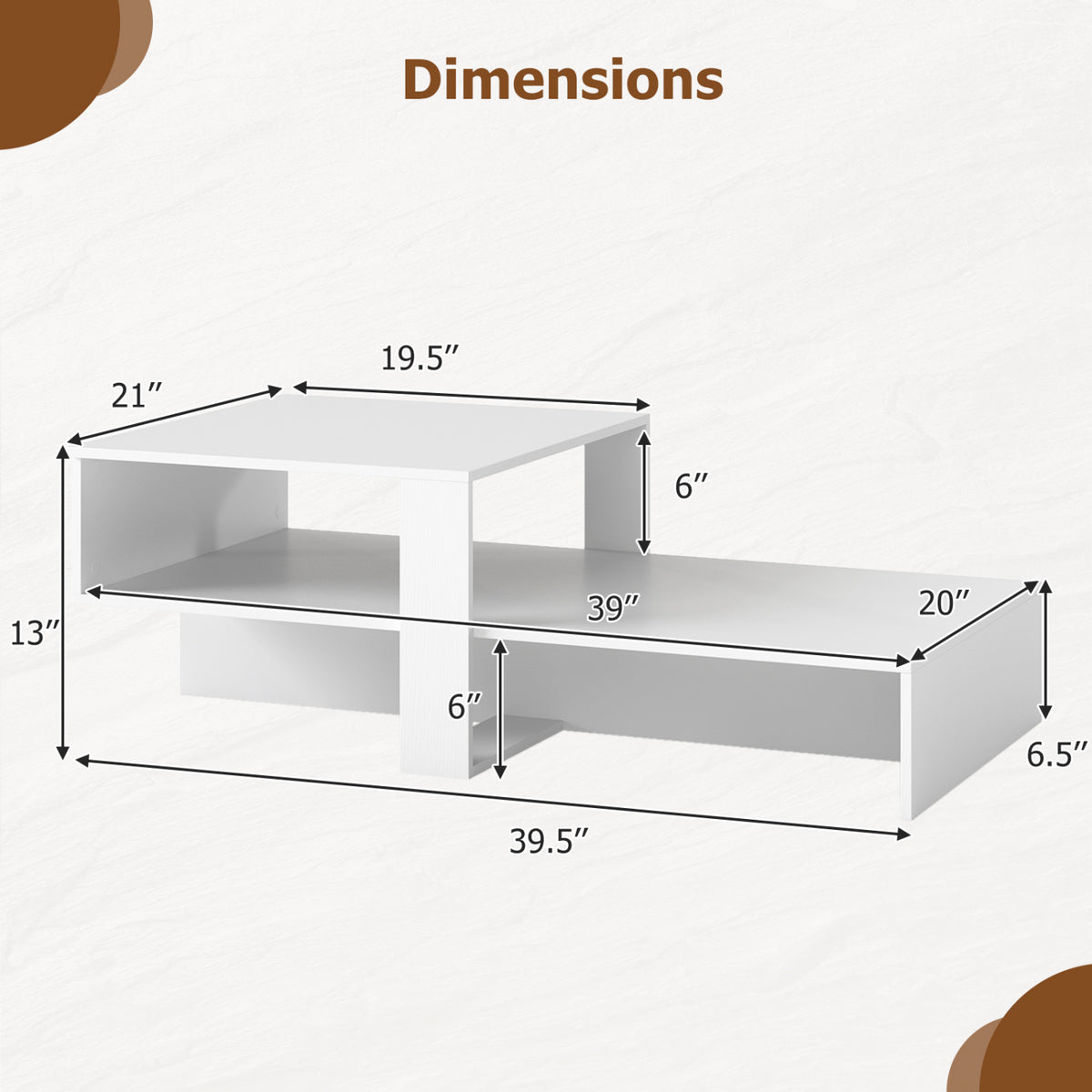 2-Tier Coffee Table Modern Irregular Center Table with Open Storage Shelf-White view 5