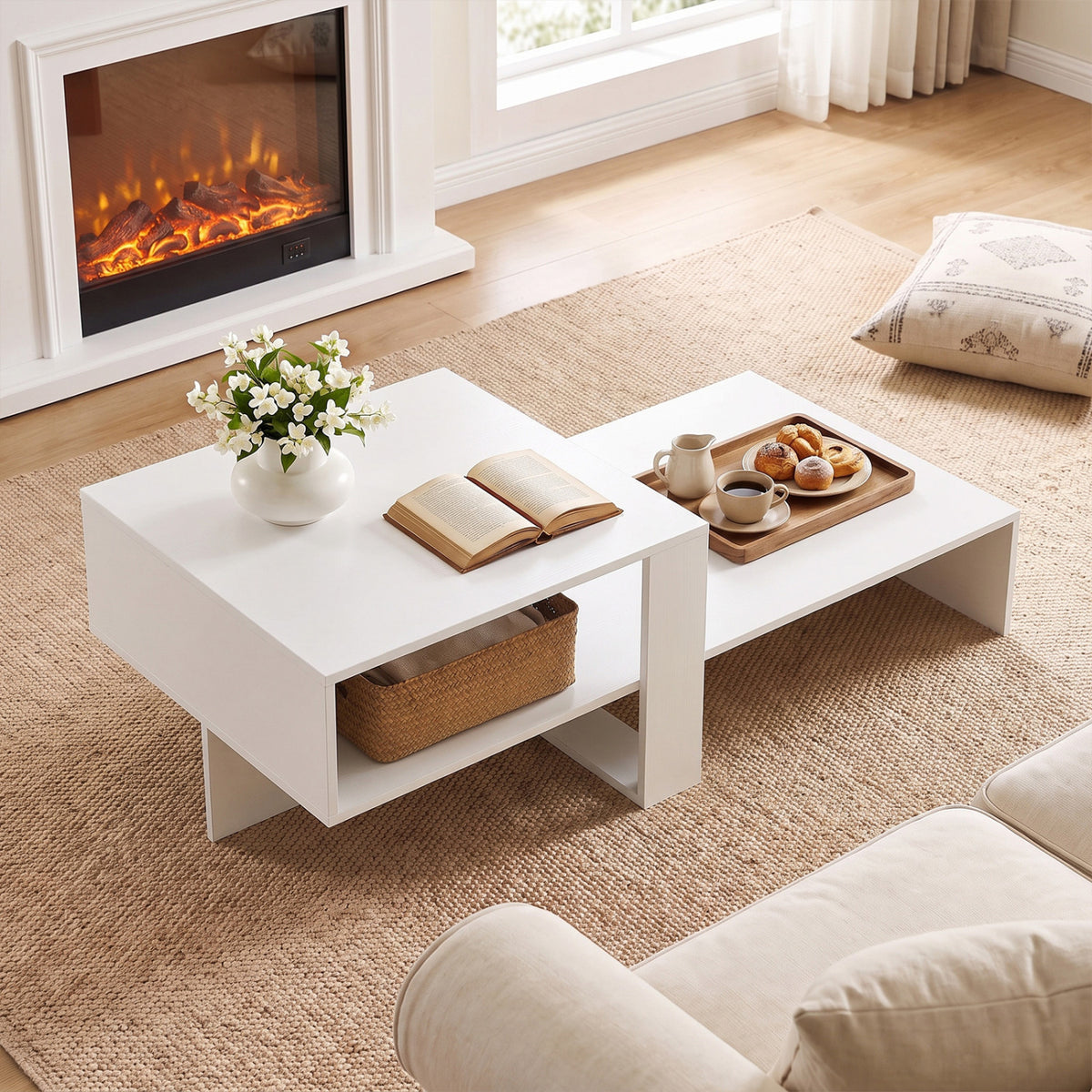 2-Tier Coffee Table Modern Irregular Center Table with Open Storage Shelf-White view 6